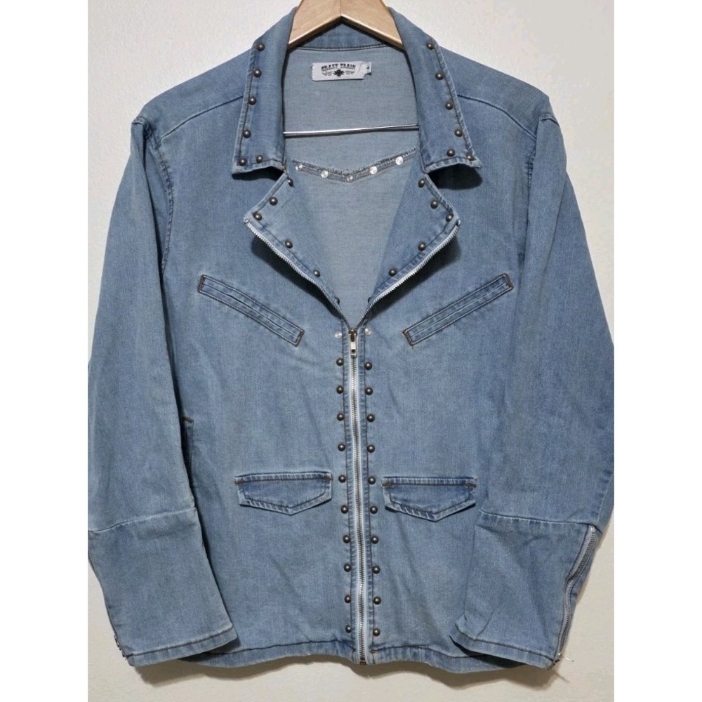 Crazy Train Women's Western Denim Studded Zip Jacket Sz L Boho Moto‎ Rodeo EUC